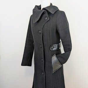 MACKAGE Wool Leather Long Black Coat Tweed Weave Belt